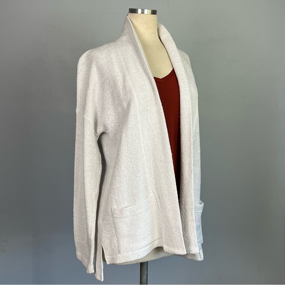 EILEEN FISHER Woven Knit Open Front Cardigan Jacket Duster - White Cotton Medium - Picture 3 of 11